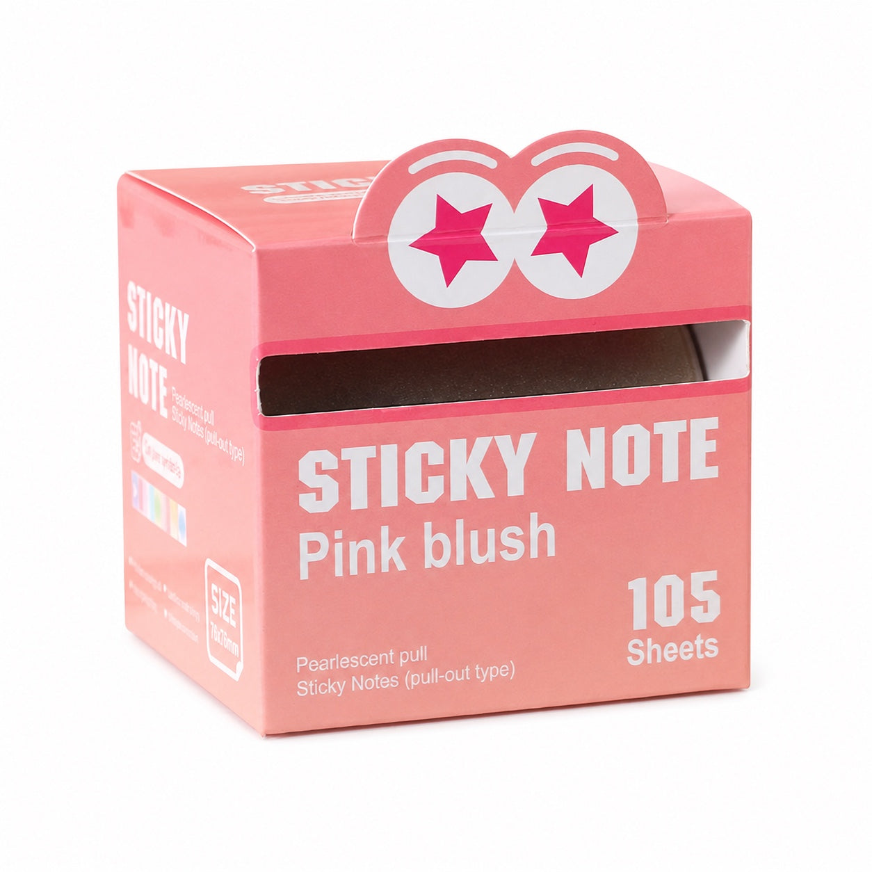 Pink Blush pearlescent pull-out sticky notes dispenser on a white background