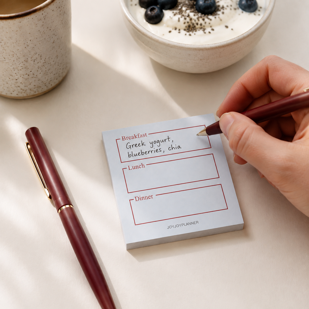 Tiny daily food log notepad used to record breakfast beside yogurt and coffee