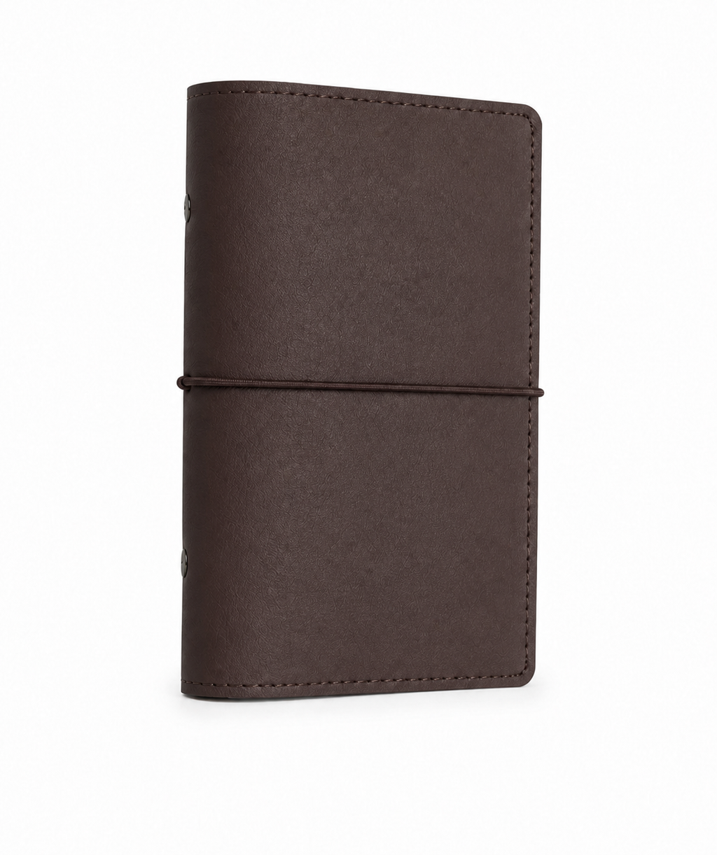 Dark Brown A6 Personal six-ring planner cover with elastic closure on a white background