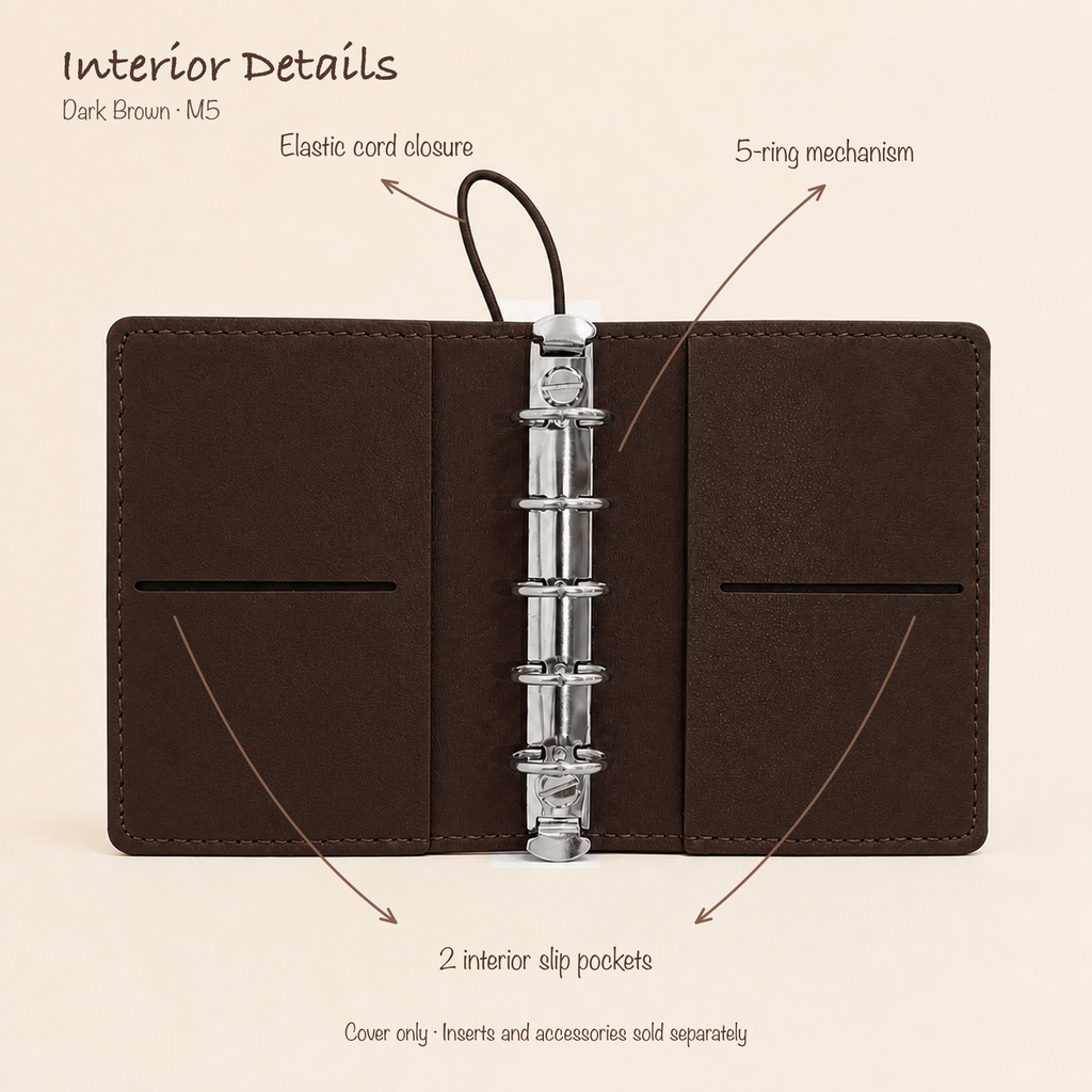Open Dark Brown M5 five-ring planner cover showing elastic cord closure and two interior slip pockets