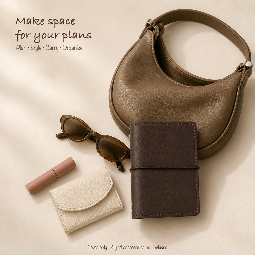 Dark Brown M5 planner cover styled with a petite hobo bag and clean everyday accessories
