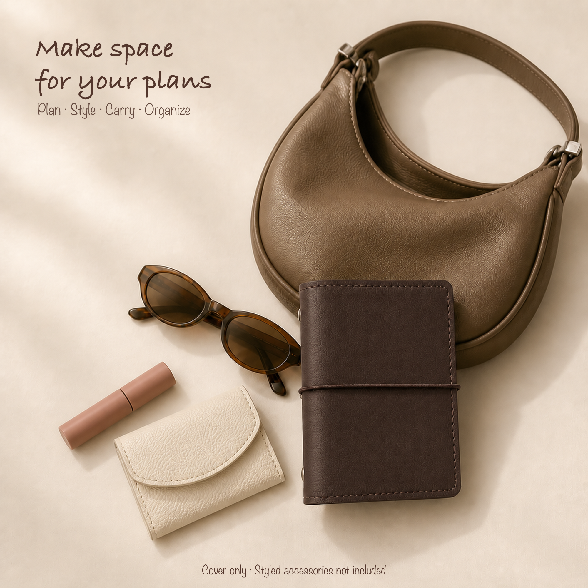 Dark Brown M5 planner cover styled with a petite hobo bag and clean everyday accessories