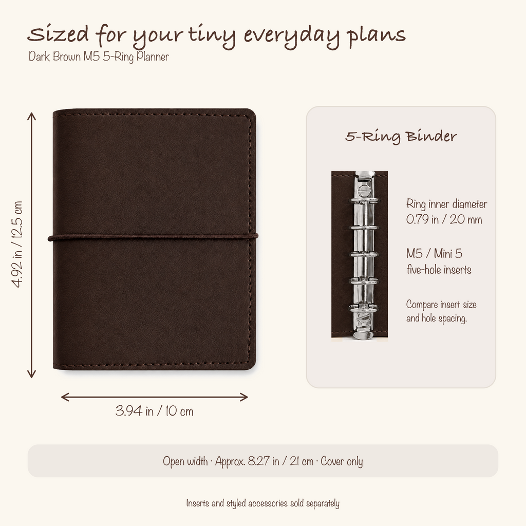 Dark Brown M5 planner cover dimensions and 20 mm five-ring insert compatibility guide