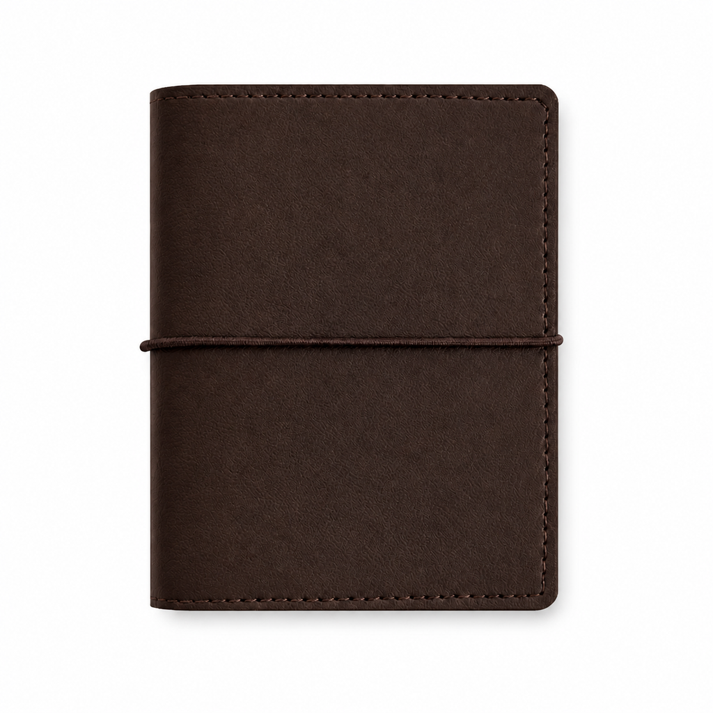 Dark Brown M5 Wide five-ring planner cover with elastic closure on a white background