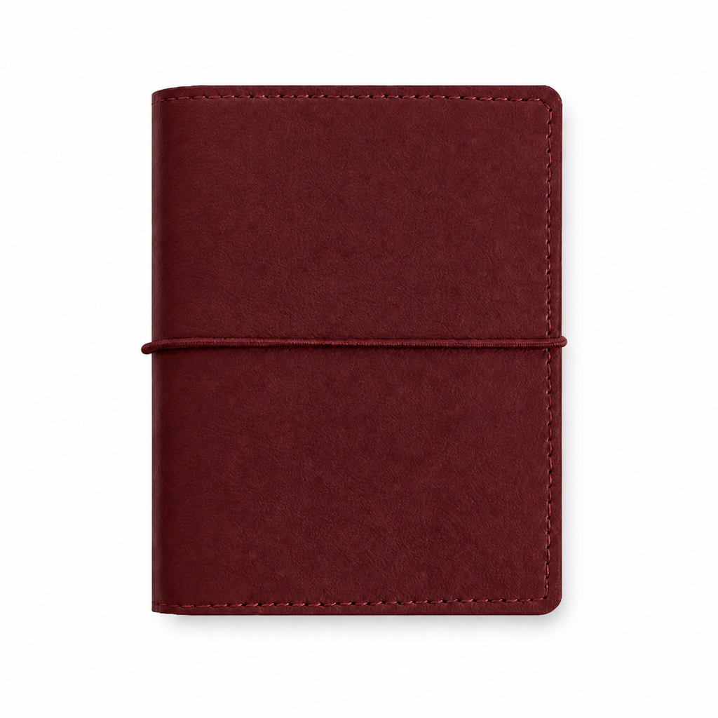 Dark Red M5 Wide five-ring planner cover with elastic closure on a white background