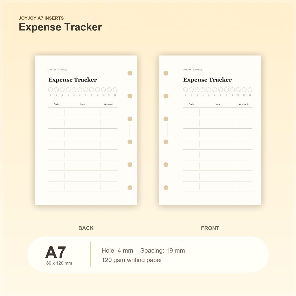 Expense Tracker A7 pocket planner insert with size, hole spacing and paper information