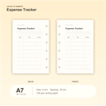 Expense Tracker A7 pocket planner insert with size, hole spacing and paper information