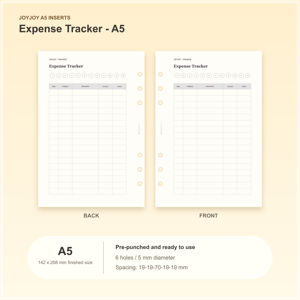 Expense Tracker A5 planner insert with finished size and hole spacing information