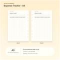 Expense Tracker A5 planner insert with finished size and hole spacing information