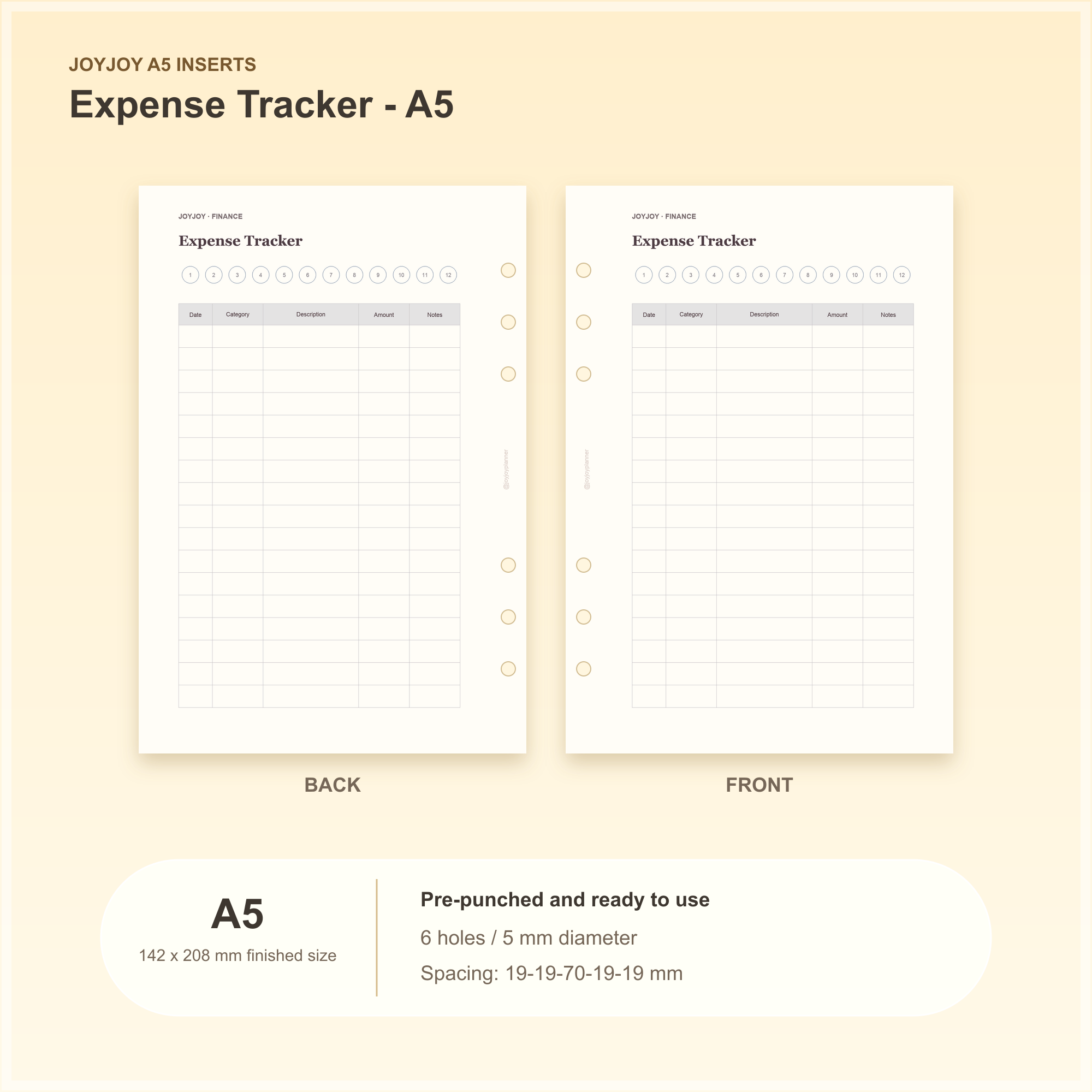 Expense Tracker A5 planner insert with finished size and hole spacing information