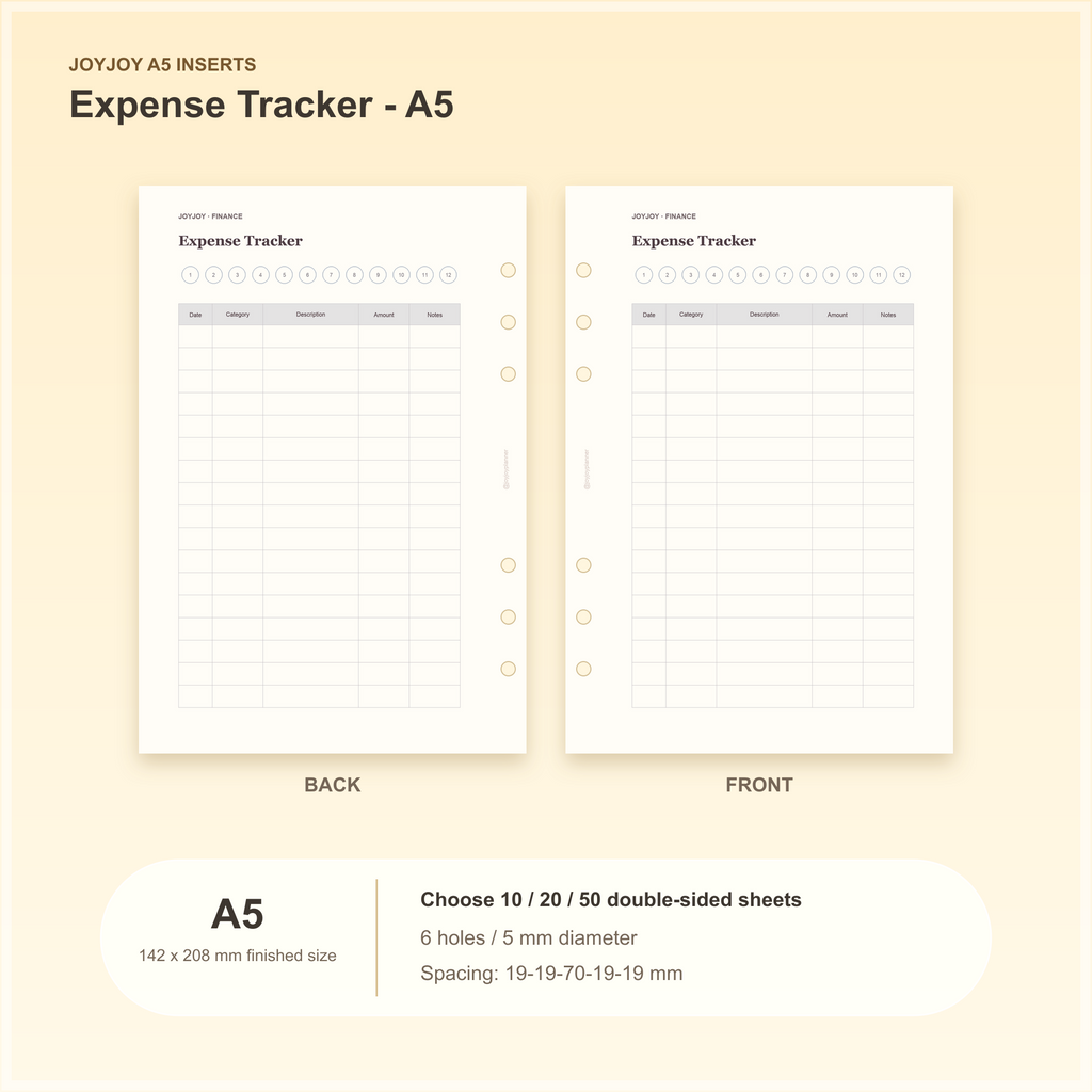 Expense Tracker A5 planner insert with finished size and hole spacing information
