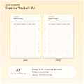 Expense Tracker A5 planner insert with finished size and hole spacing information