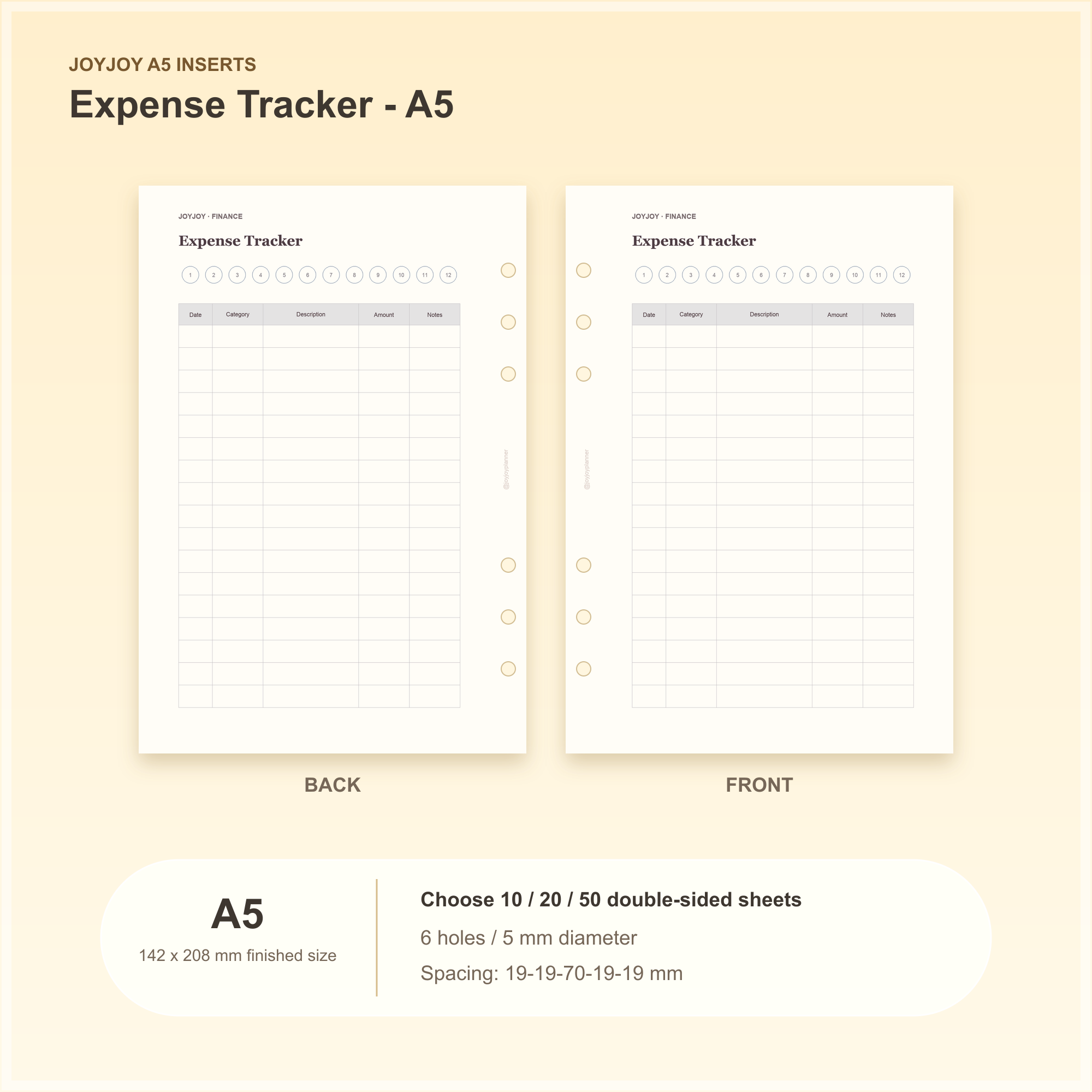 Expense Tracker A5 planner insert with finished size and hole spacing information