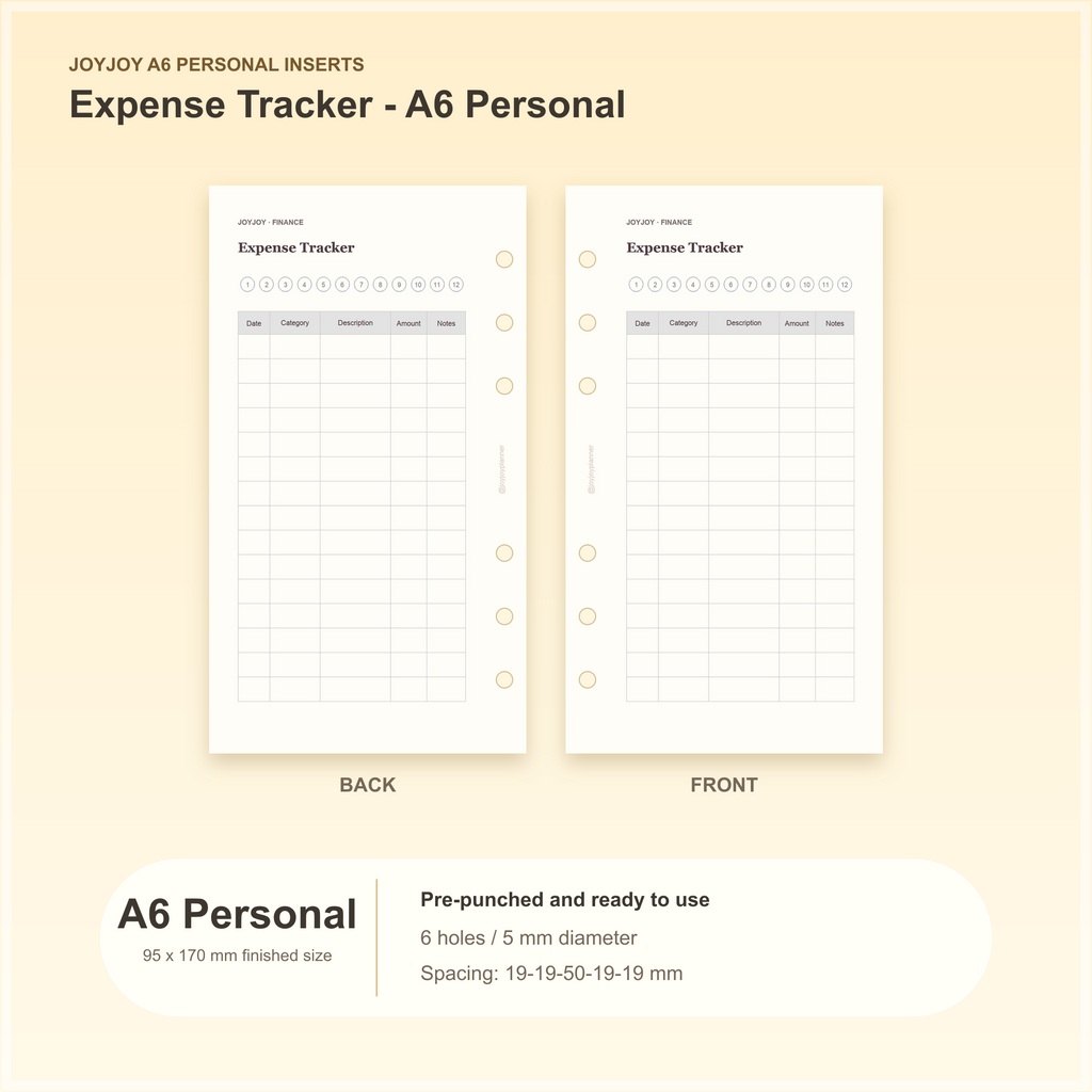 Expense Tracker A6 Personal planner insert with finished size and hole spacing information
