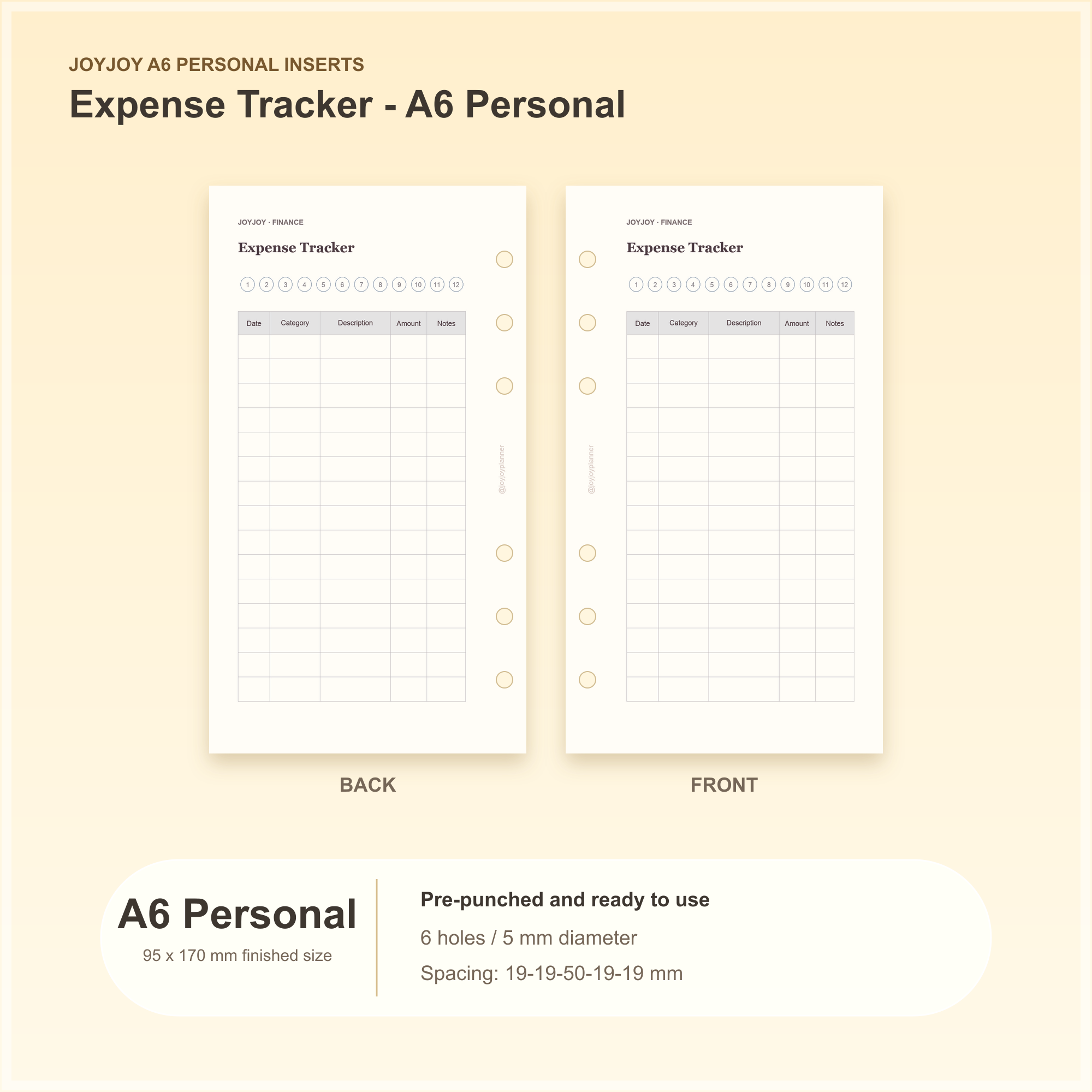 Expense Tracker A6 Personal planner insert with finished size and hole spacing information