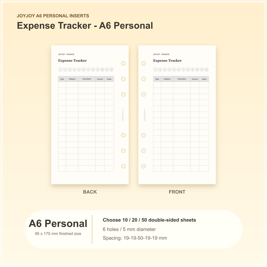 Expense Tracker A6 Personal planner insert with finished size and hole spacing information