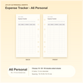 Expense Tracker A6 Personal planner insert with finished size and hole spacing information