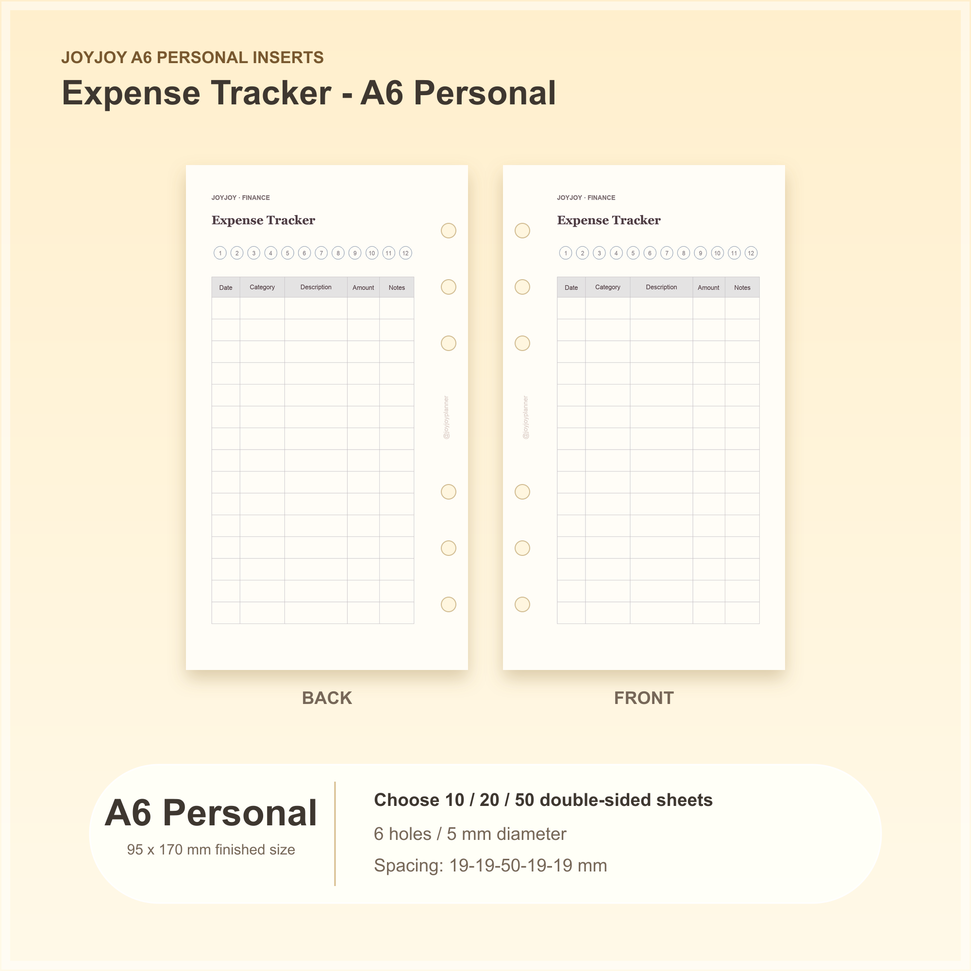 Expense Tracker A6 Personal planner insert with finished size and hole spacing information