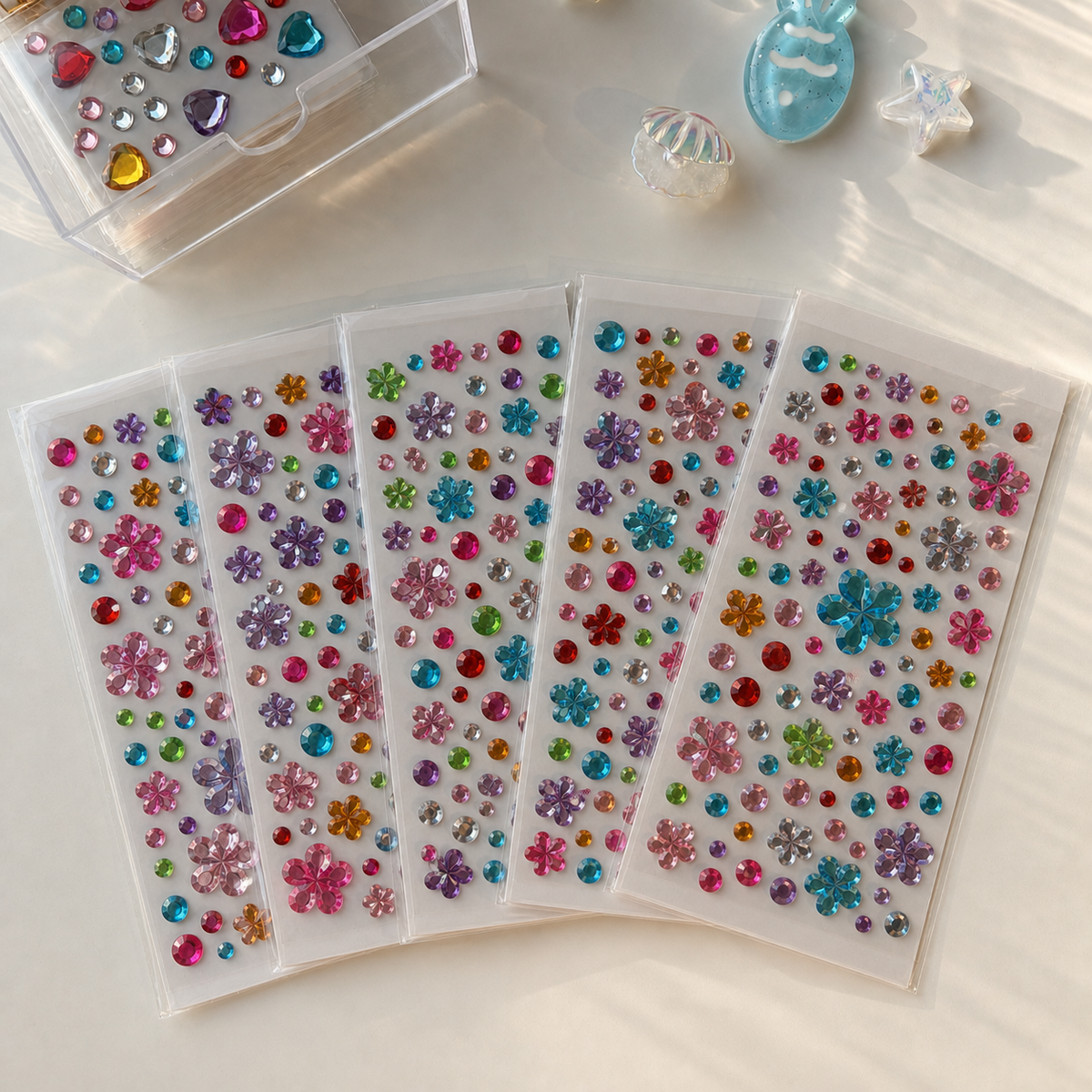 Five colorful self-adhesive flower mix — 119 gems sticker sheets; each sheet may have different colors and gem arrangements