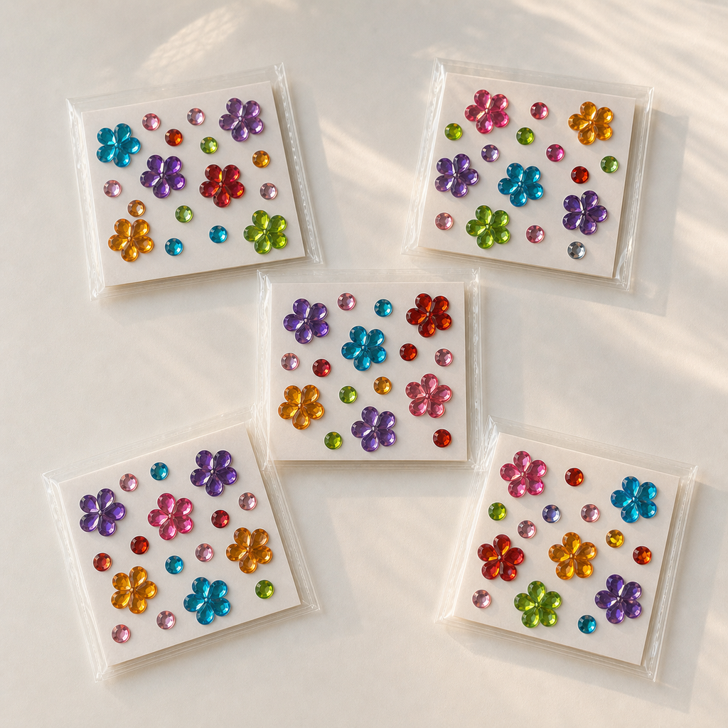 Five colorful self-adhesive flower mix — 27 gems sticker sheets; each sheet may have different colors and gem arrangements