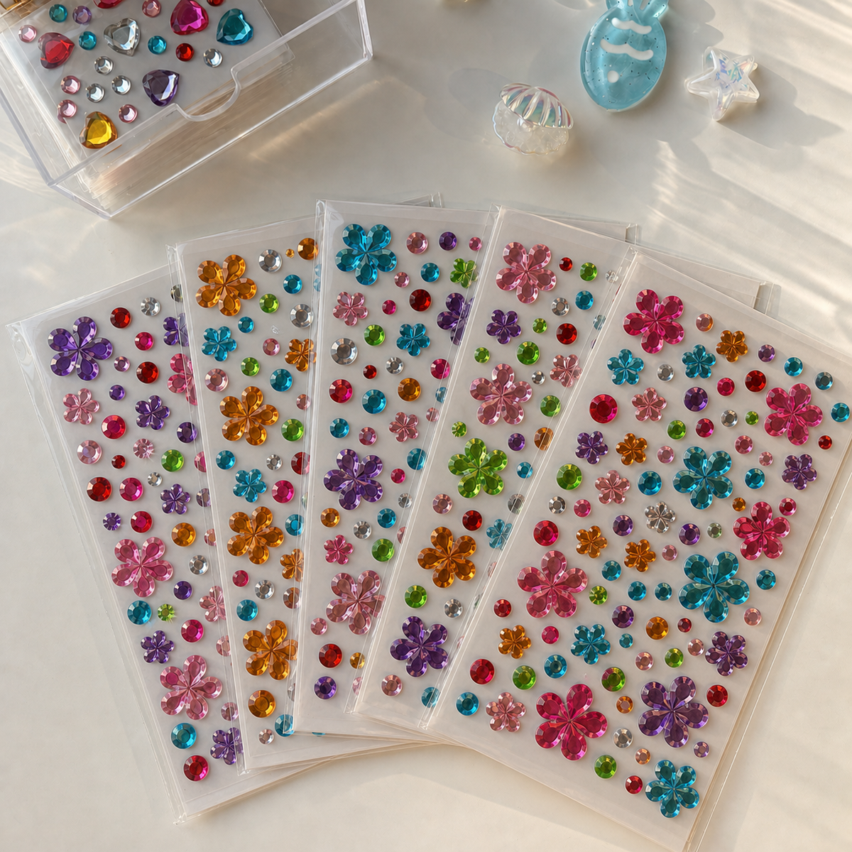 Five colorful self-adhesive flower mix — 68 gems sticker sheets; each sheet may have different colors and gem arrangements