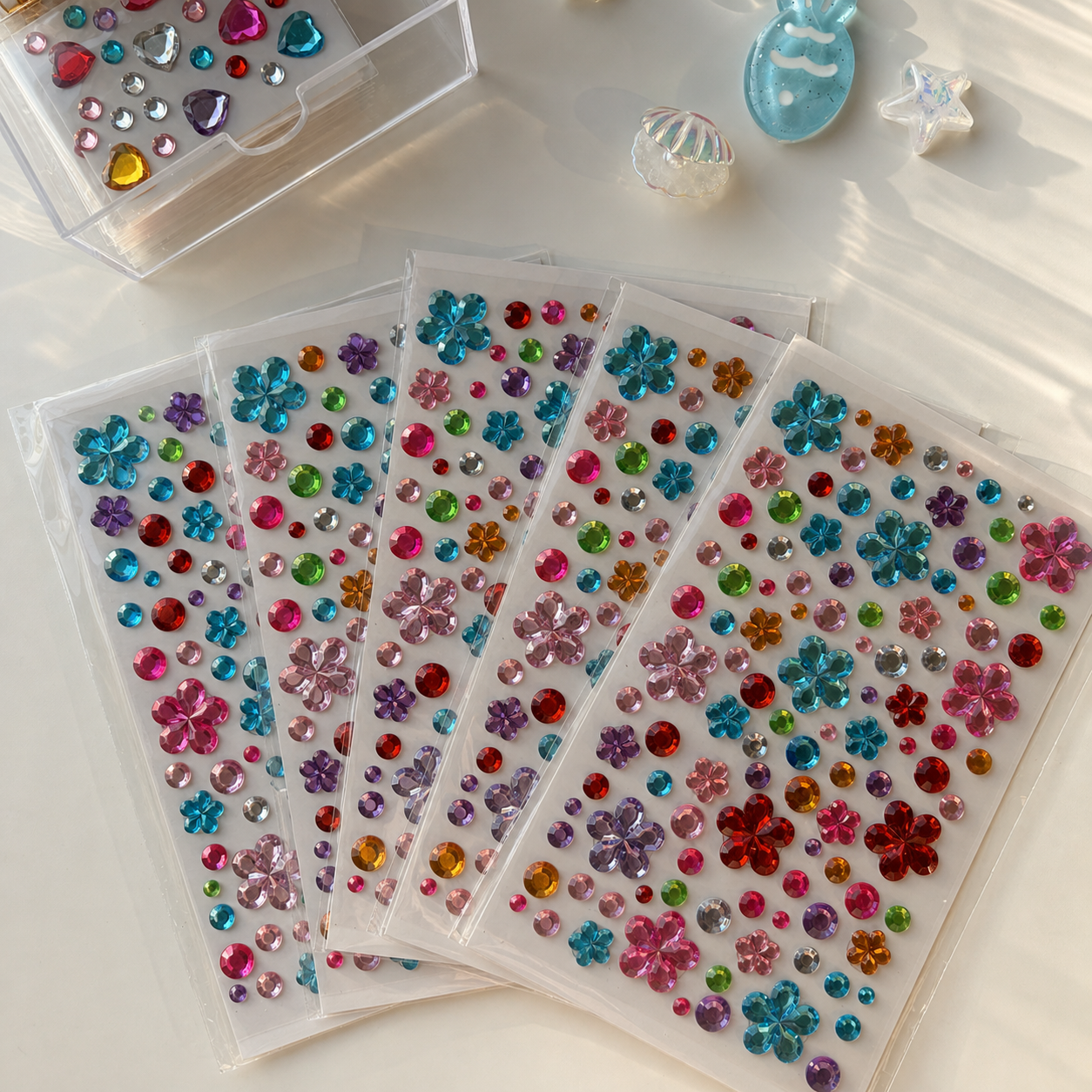 Five colorful self-adhesive large flower mix — 109 gems sticker sheets; each sheet may have different colors and gem arrangements