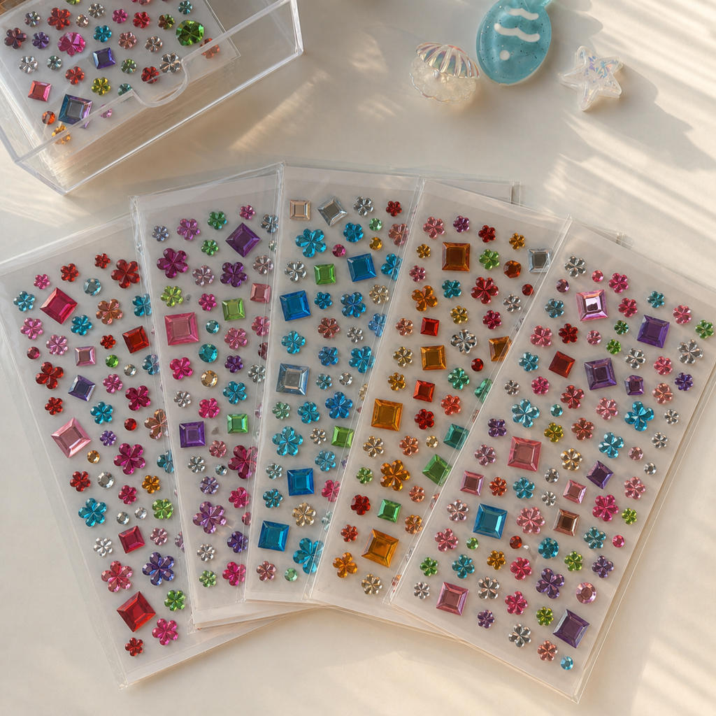 Five colorful self-adhesive flower & square mix — 115 gems sticker sheets; each sheet may have different colors and gem arrangements