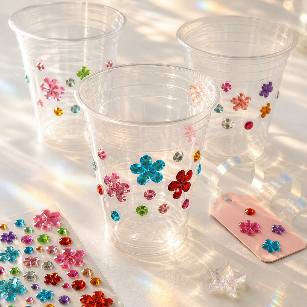 Whimsy Gems flower gem stickers used on party cups, cards, and favor packaging; styling props not included