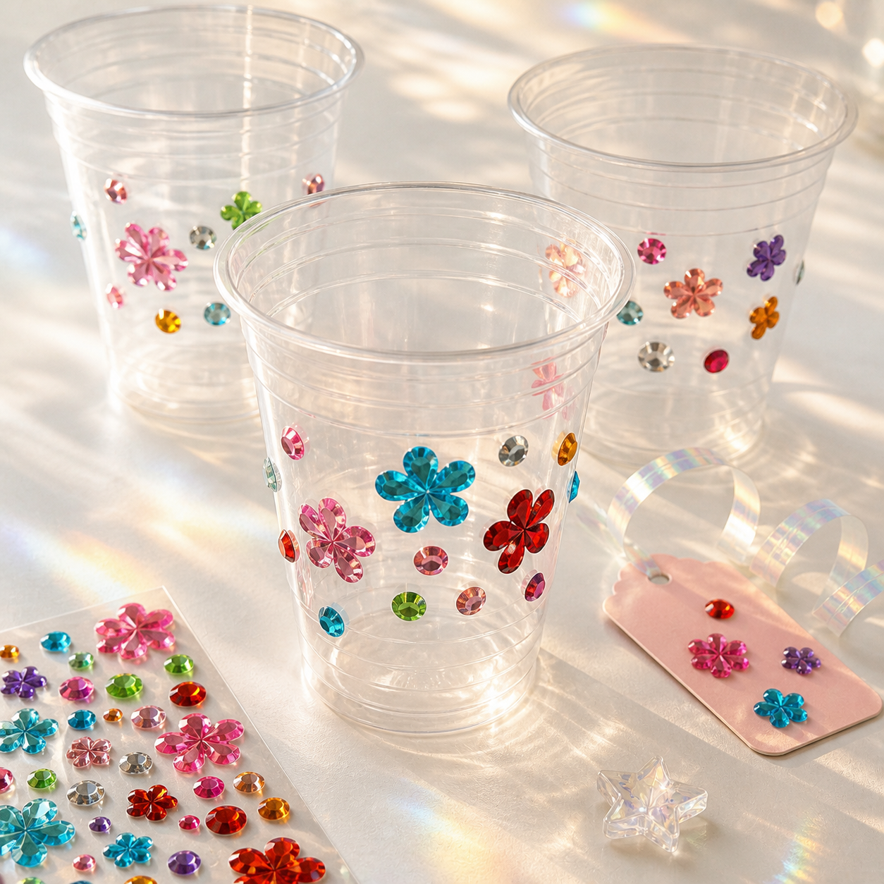 Whimsy Gems flower gem stickers used on party cups, cards, and favor packaging; styling props not included