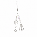 Fork spoon and knife phone charm with pearl beads and silver flower on a white background