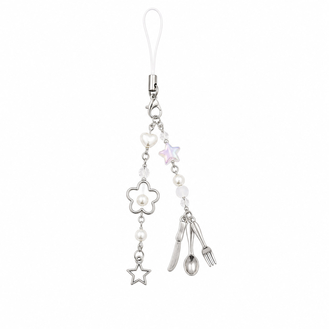 Fork spoon and knife phone charm with pearl beads and silver flower on a white background