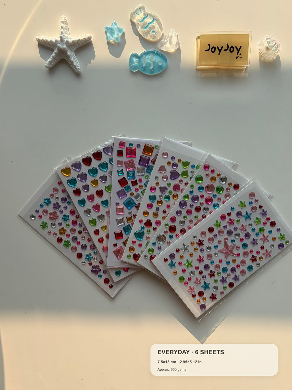 Centered-crop Everyday Variety gem sticker pack fanned out with compact size guide: 6 sheets and approximately 660 gems