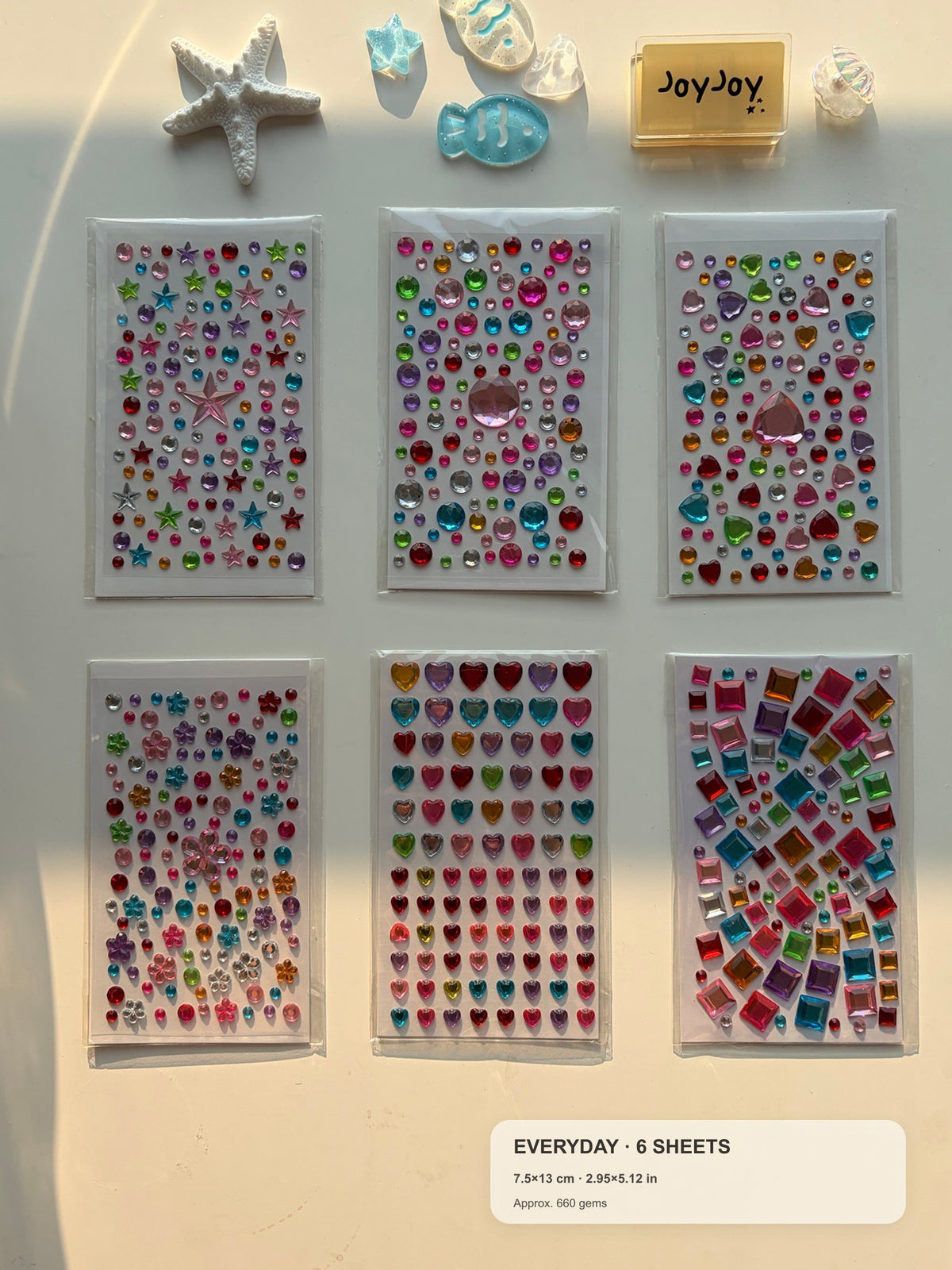 Centered-crop Everyday Variety gem sticker pack with compact size guide: 6 sheets at 7.5 × 13 cm each, approximately 660 gems