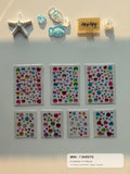 Centered-crop Mini Variety gem sticker pack with compact size guide: 7 sheets, 4 sheets at 4.5 × 6 cm and 3 sheets at 7 × 9.2 cm, approximately 312 gems