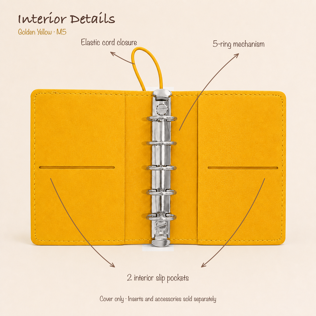 Open Butter Yellow M5 five-ring planner cover showing elastic cord closure and two interior slip pockets