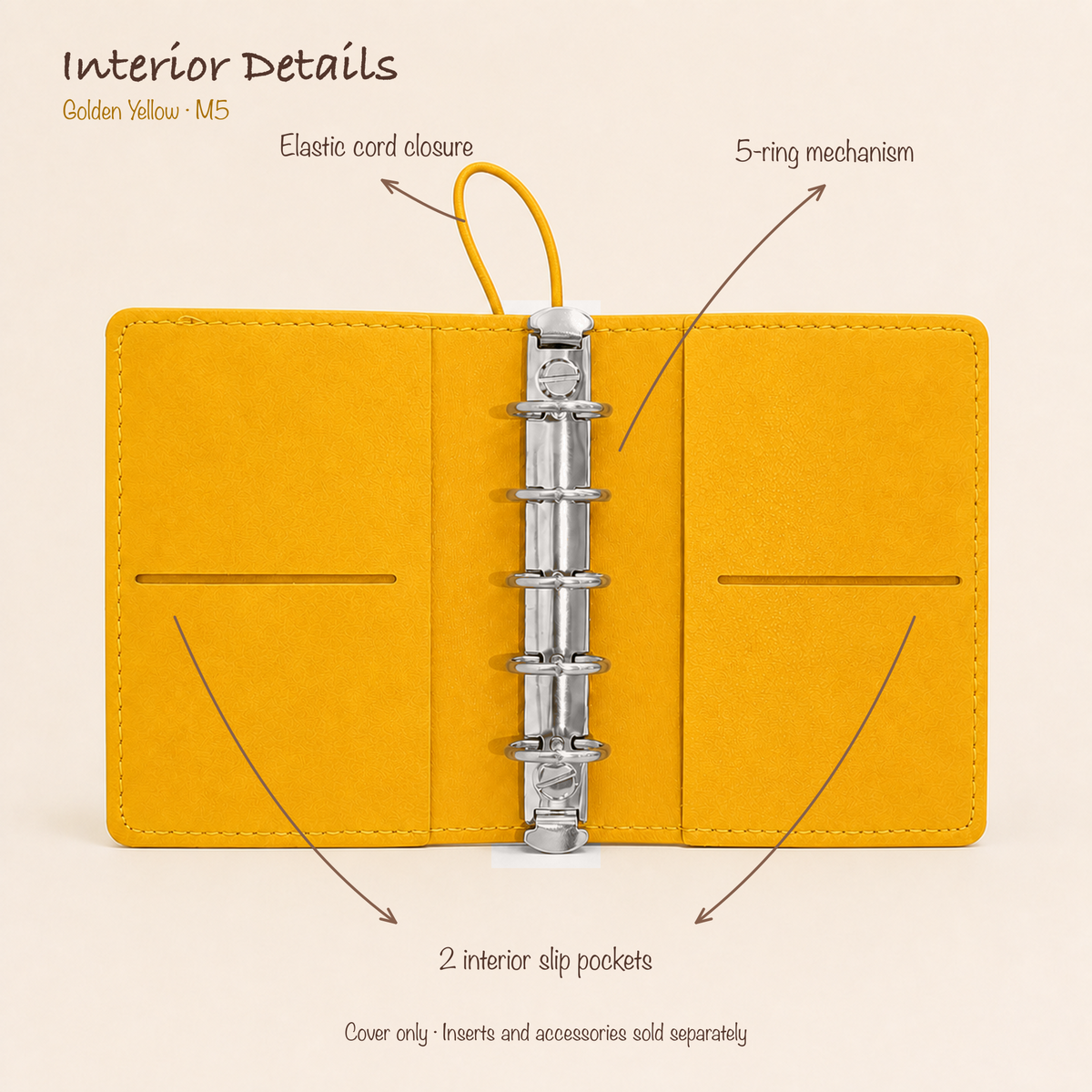 Open Butter Yellow M5 five-ring planner cover showing elastic cord closure and two interior slip pockets