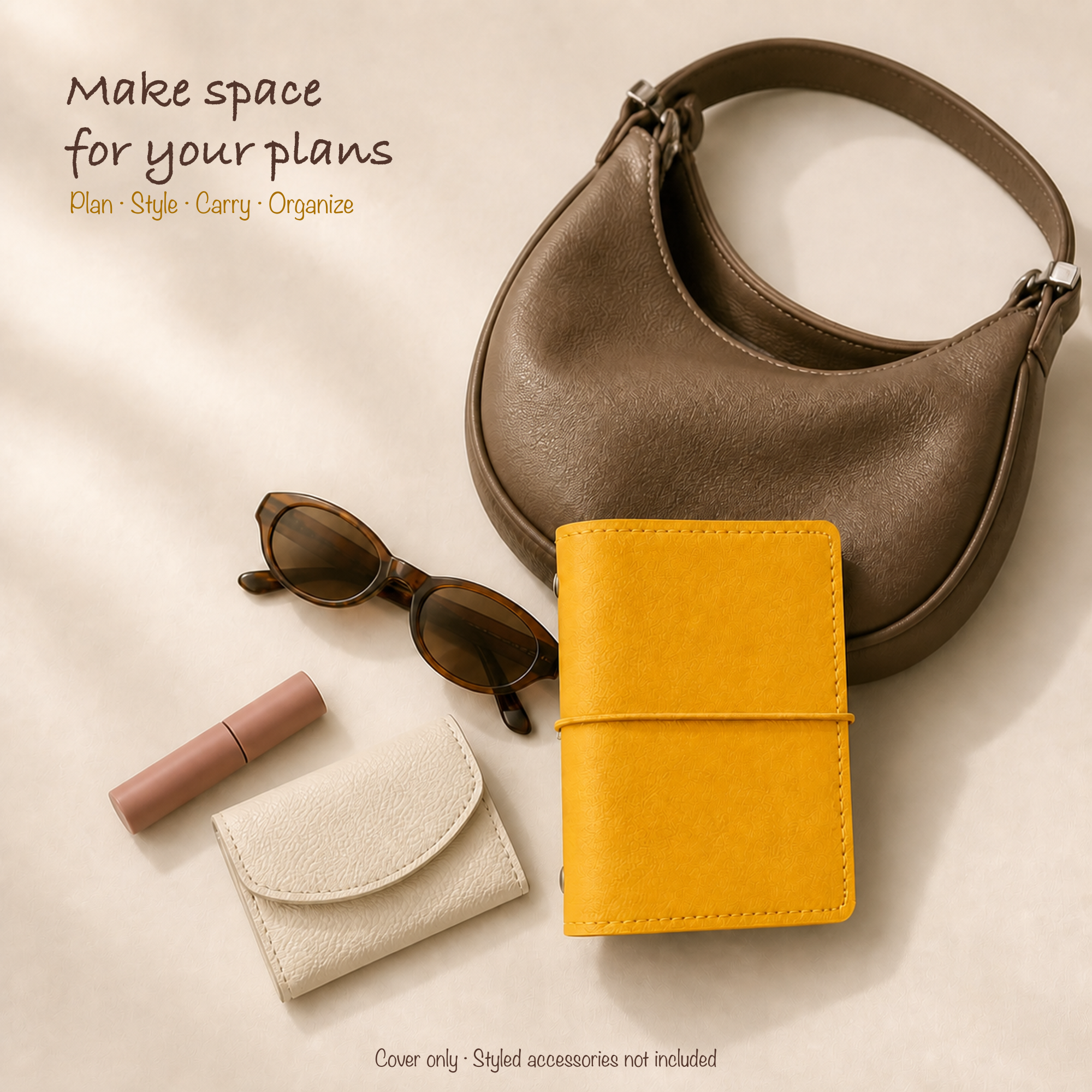 Butter Yellow M5 planner cover styled with a petite hobo bag and clean everyday accessories