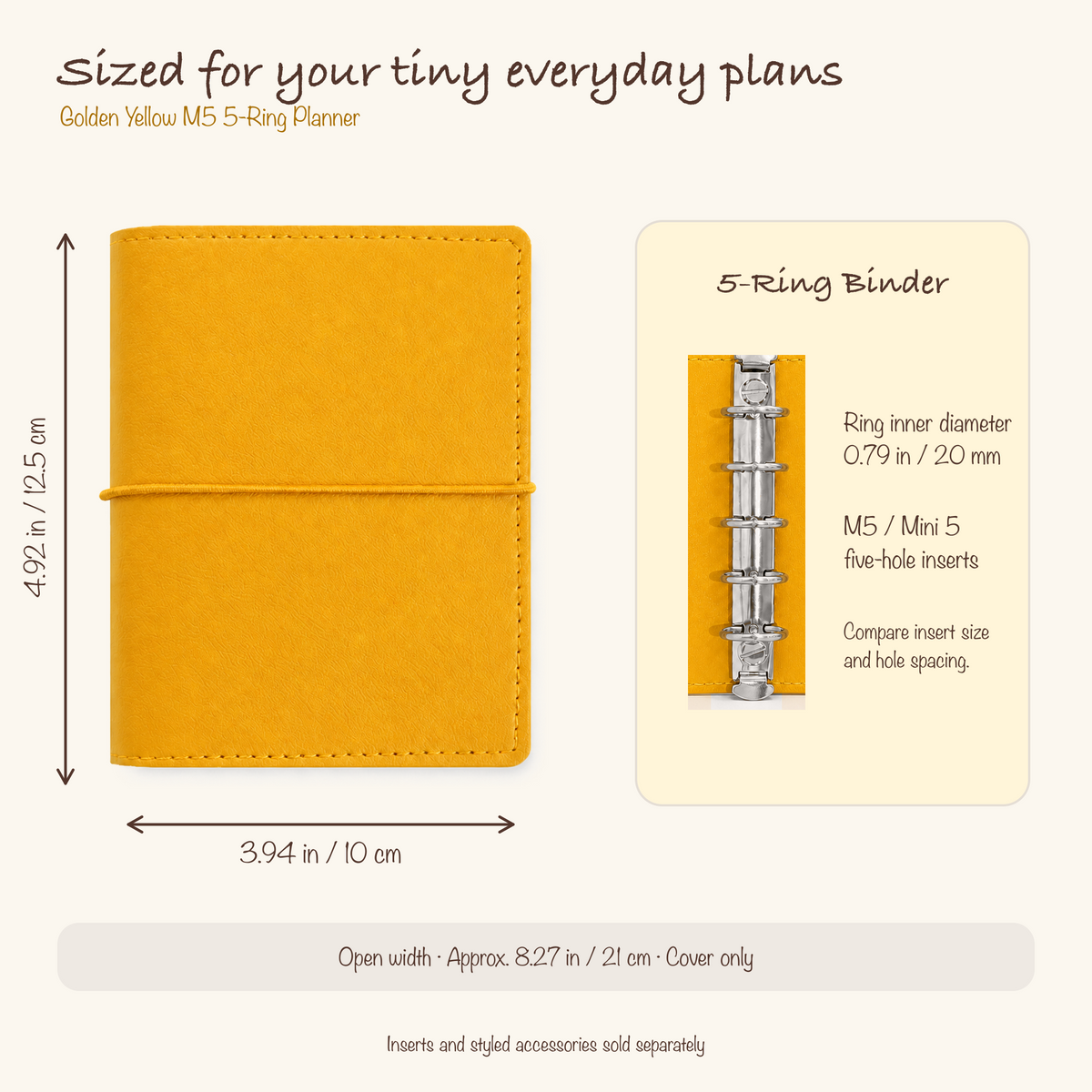 Butter Yellow M5 planner cover dimensions and 20 mm five-ring insert compatibility guide