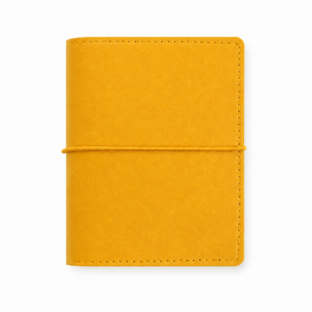 Butter Yellow M5 Wide five-ring planner cover with elastic closure on a white background