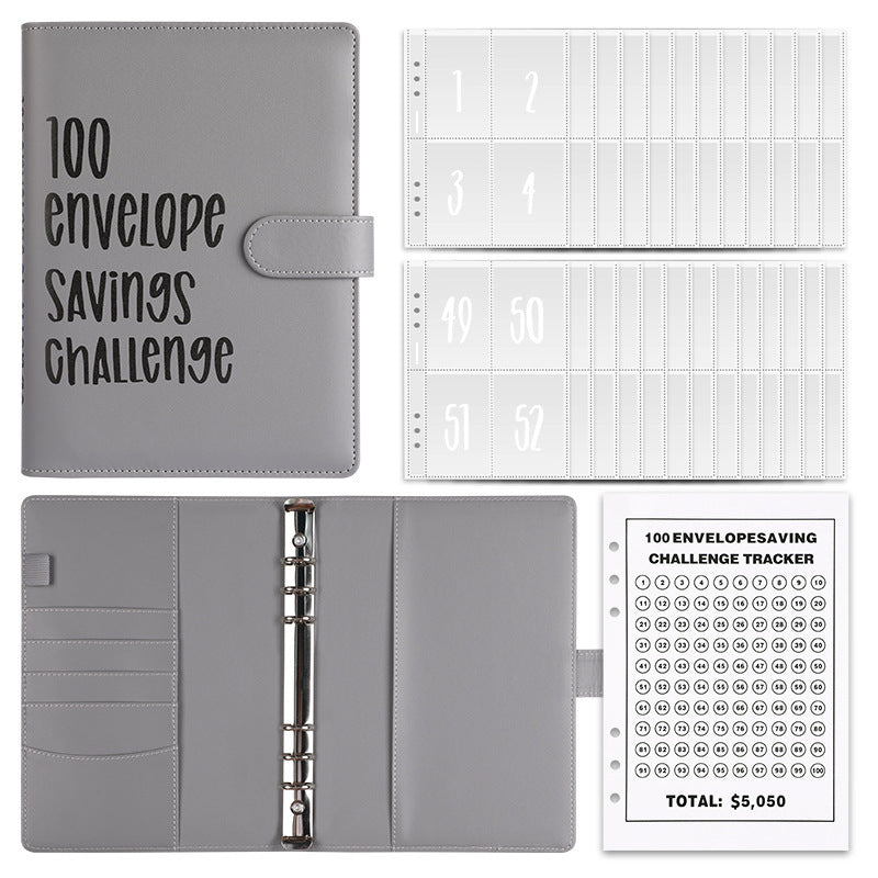 Gray A5 100 envelope savings challenge binder on a white background