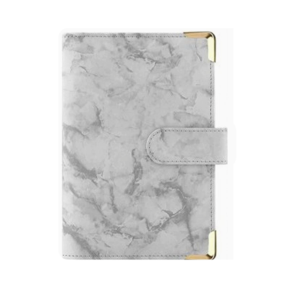 Gray marble A6 budget binder cover with gold corner protectors on a white background
