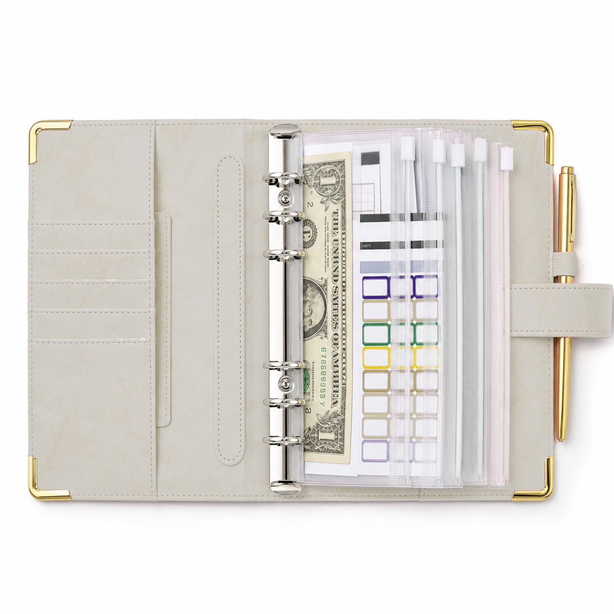 Open gray marble A6 cash envelope budget binder with clear zipper envelopes on a white background