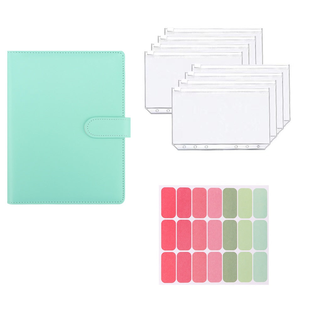 Green A5 macaron planner binder set with zipper pouches and colorful labels on a white background