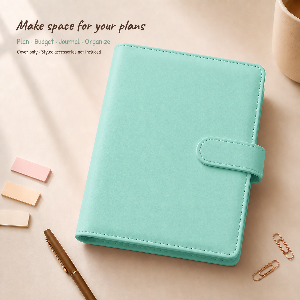 Mint Green A5 Macaron planner binder on a warm ivory desk; cover only