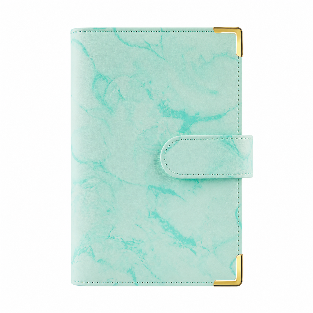 Green marble A6 budget binder cover with gold corner protectors on a white background