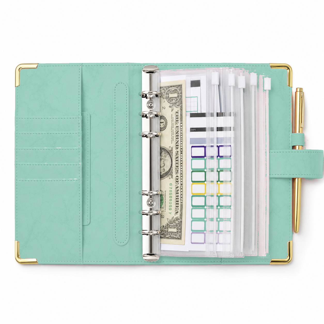 Open green marble A6 cash envelope budget binder with clear zipper envelopes on a white background