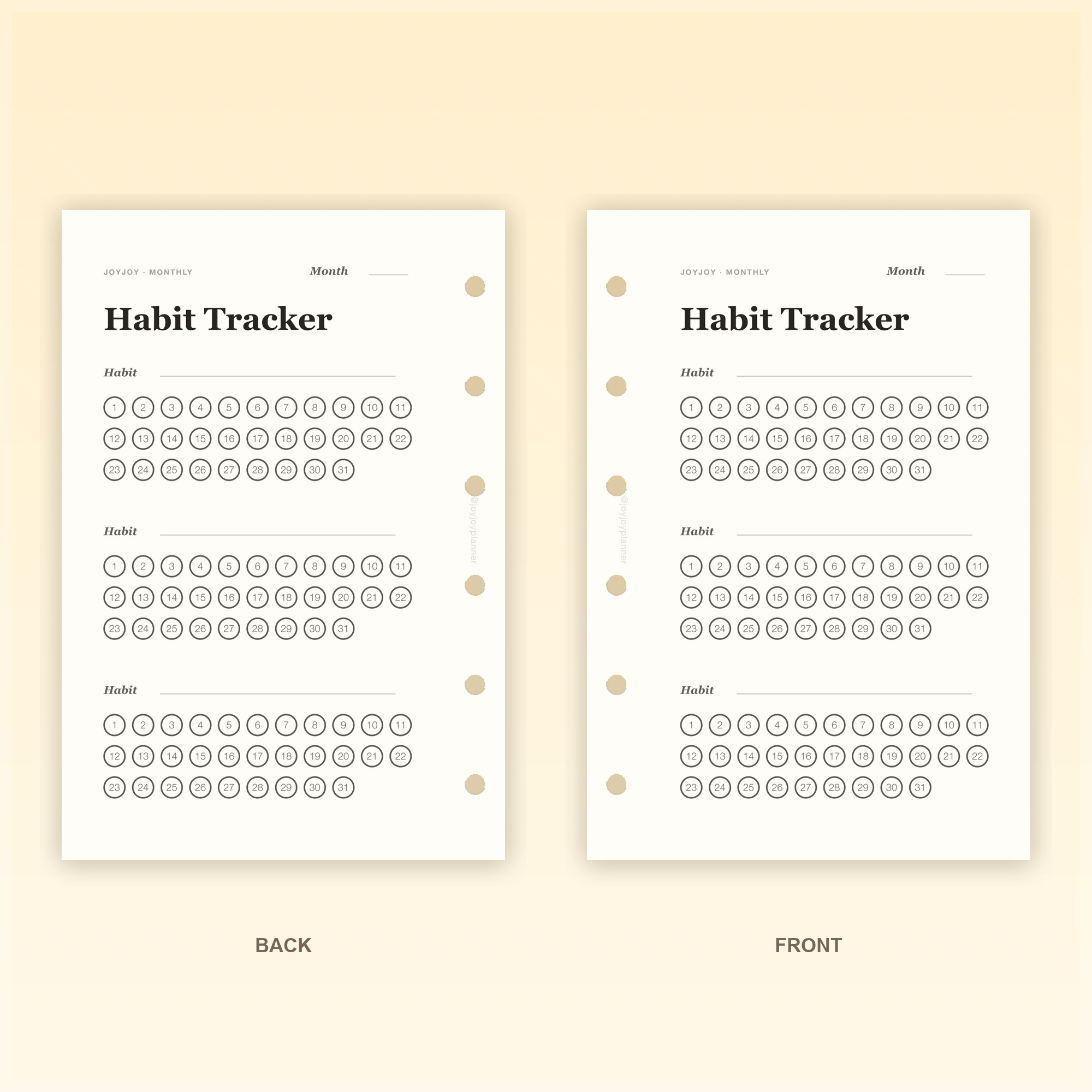 Habit Tracker Three Habits A7 pocket planner insert front and back design preview