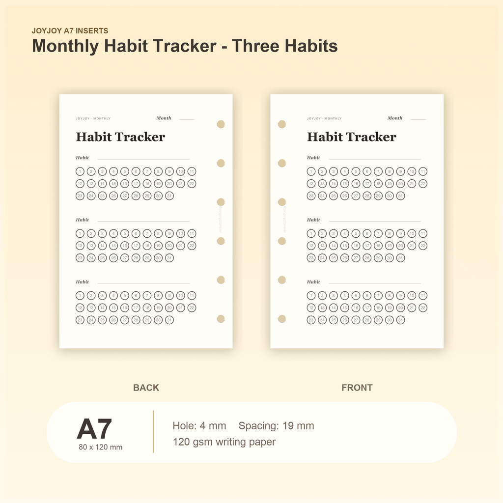 Habit Tracker Three Habits A7 pocket planner insert with size, hole spacing and paper information