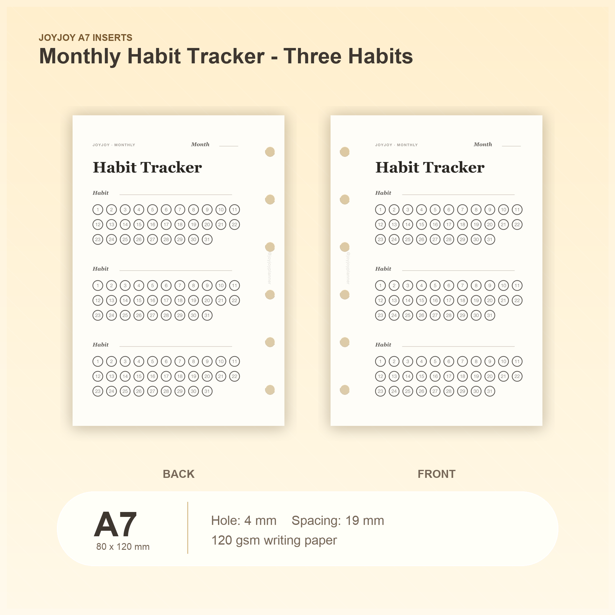 Habit Tracker Three Habits A7 pocket planner insert with size, hole spacing and paper information