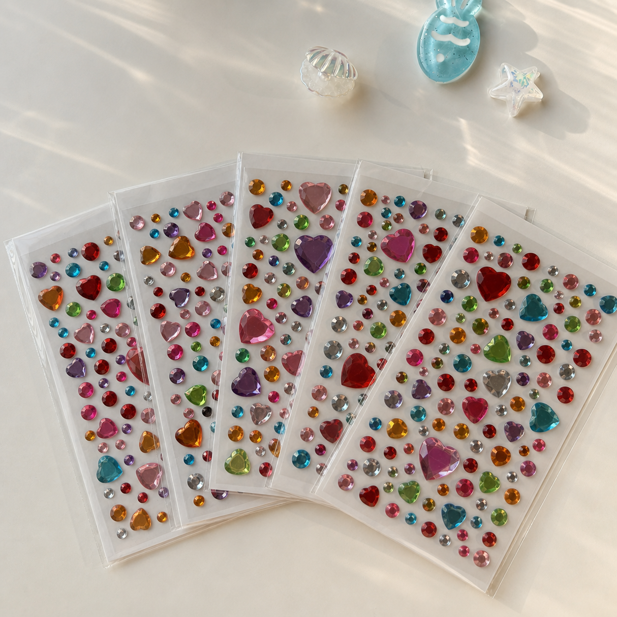 Five colorful self-adhesive heart mix — 119 gems sticker sheets; each sheet may have different colors and gem arrangements